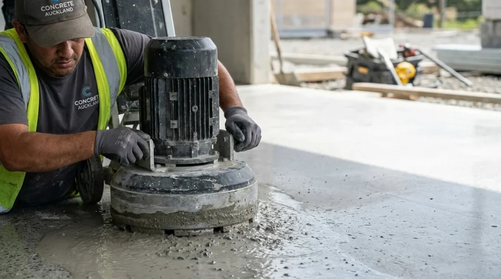 Worker operating a heavy-duty grinder to smooth and prepare a stamped concrete surface.