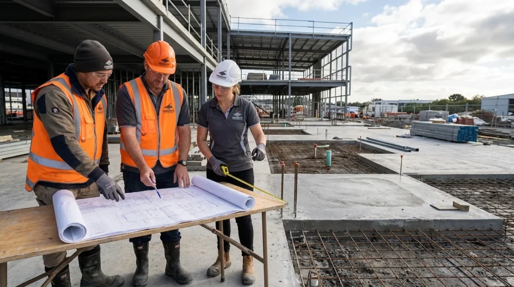 Construction specialists reviewing architectural blueprints on a commercial job site.