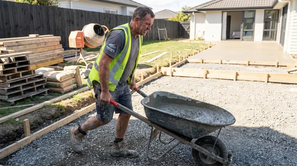 A construction worker pushing a wheelbarrow full of wet concrete for a residential pouring project.