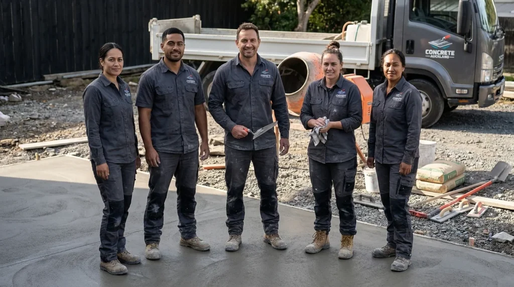Experienced team of professionals standing proudly as top concrete contractors in Auckland.